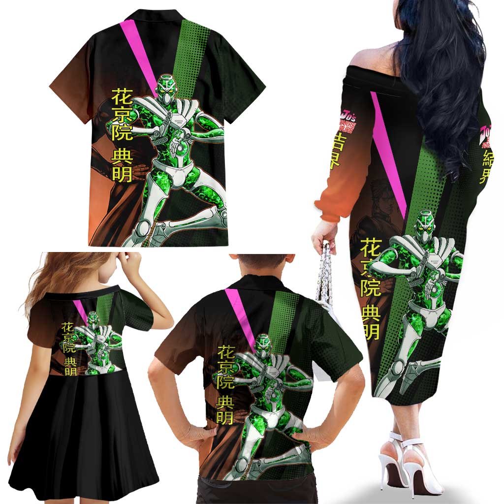Noriaki Kakyoin JoJo’s Bizarre Adventure Family Matching Off The Shoulder Long Sleeve Dress and Hawaiian Shirt with Hierophant Green Stand