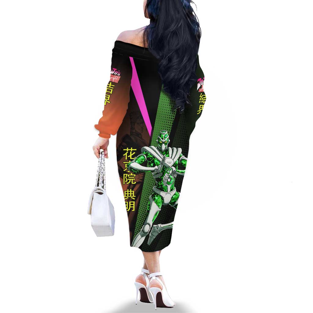 Noriaki Kakyoin JoJo’s Bizarre Adventure Family Matching Off The Shoulder Long Sleeve Dress and Hawaiian Shirt with Hierophant Green Stand
