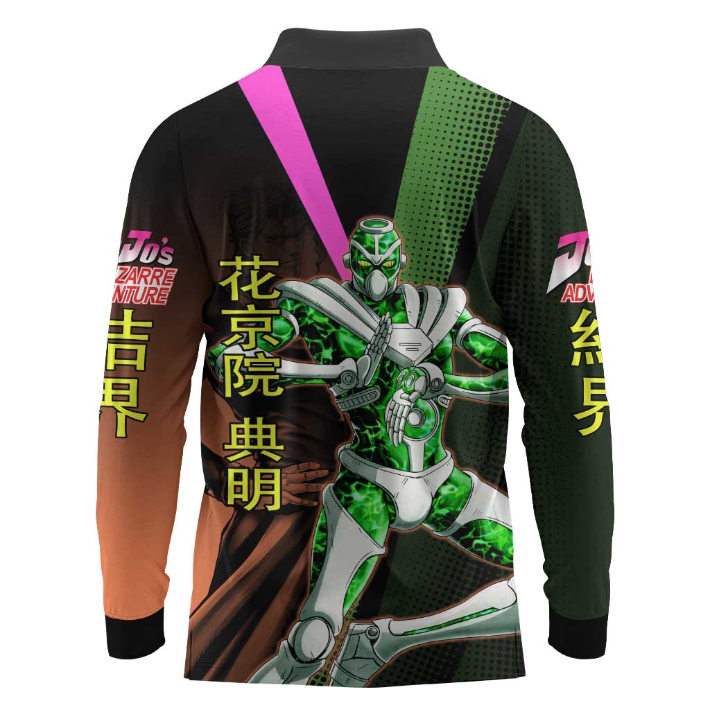 Noriaki Kakyoin JoJo’s Bizarre Adventure Long Sleeve Polo Shirt with Hierophant Green Stand - The Mazicc