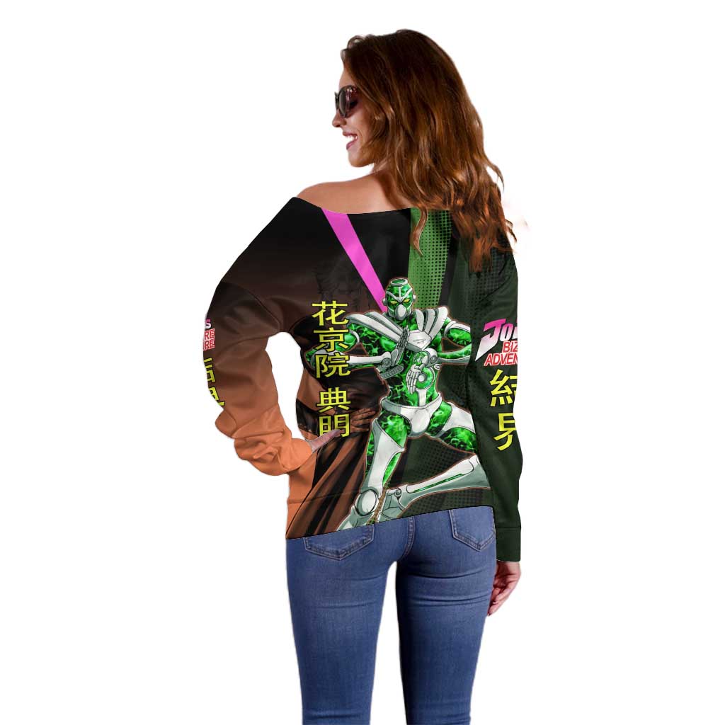 Noriaki Kakyoin JoJo’s Bizarre Adventure Off Shoulder Sweater with Hierophant Green Stand - The Mazicc