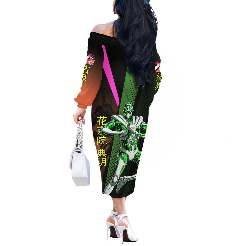 Noriaki Kakyoin JoJo’s Bizarre Adventure Off The Shoulder Long Sleeve Dress with Hierophant Green Stand - The Mazicc