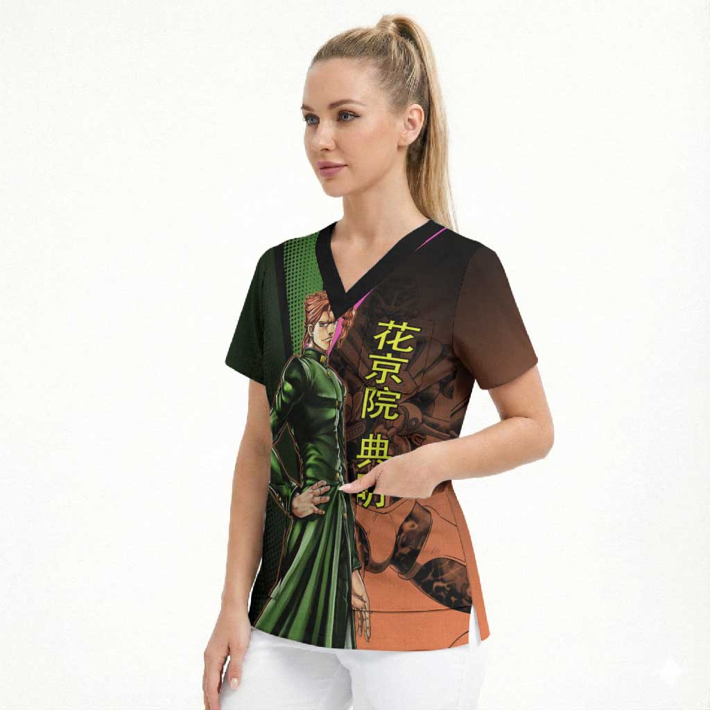 Noriaki Kakyoin JoJo’s Bizarre Adventure Scrub Top with Hierophant Green Stand - The Mazicc