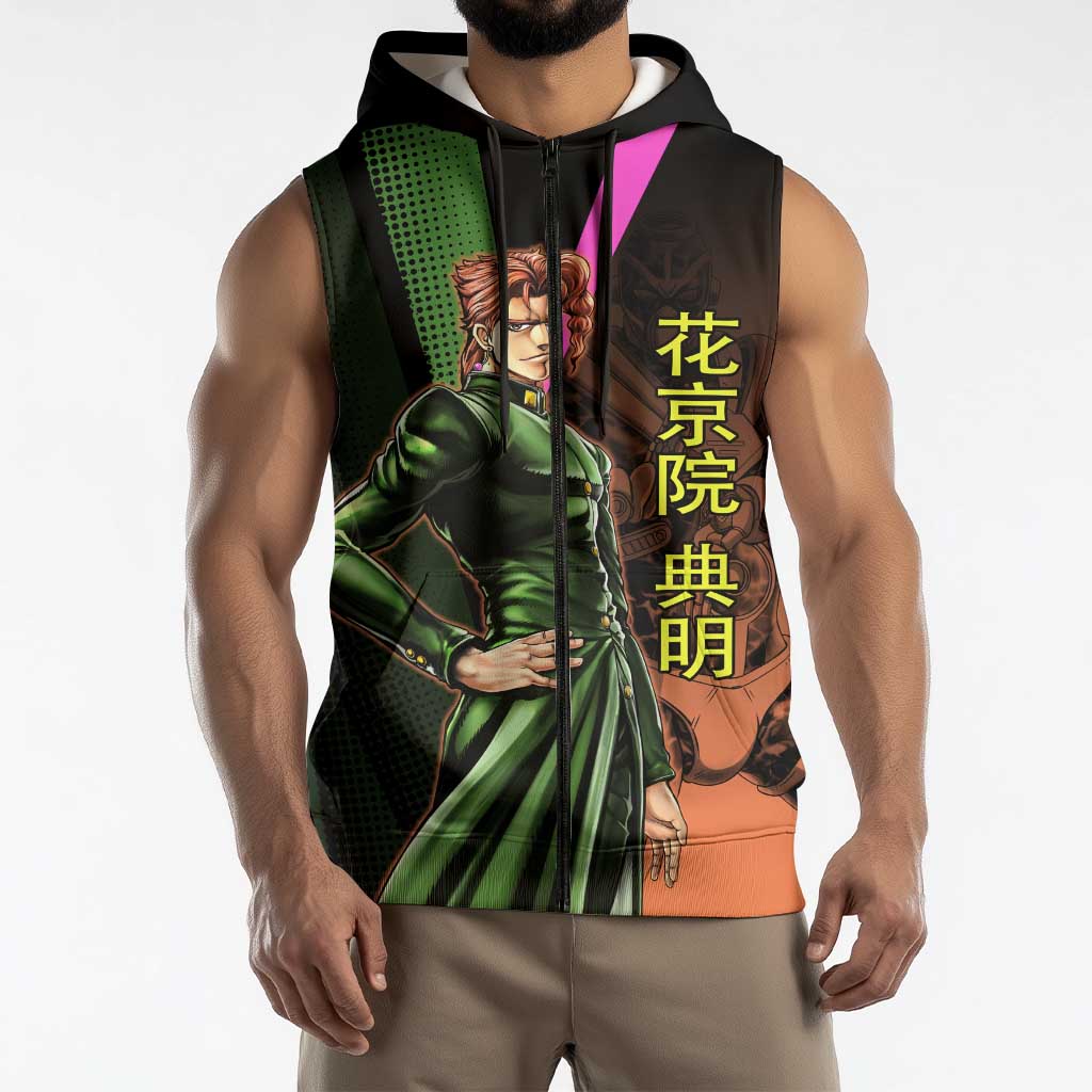 Noriaki Kakyoin JoJo’s Bizarre Adventure Sleeveless Zip Hoodie with Hierophant Green Stand - The Mazicc