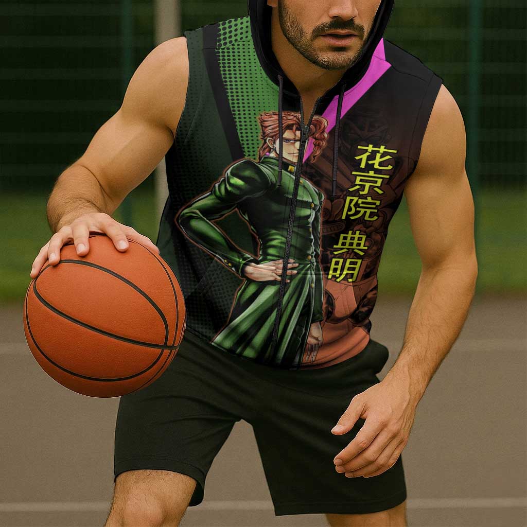 Noriaki Kakyoin JoJo’s Bizarre Adventure Sleeveless Zip Hoodie with Hierophant Green Stand - The Mazicc