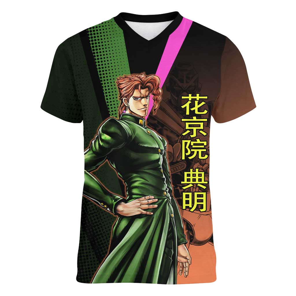 Noriaki Kakyoin JoJo’s Bizarre Adventure Women V-Neck T-Shirt with Hierophant Green Stand - The Mazicc