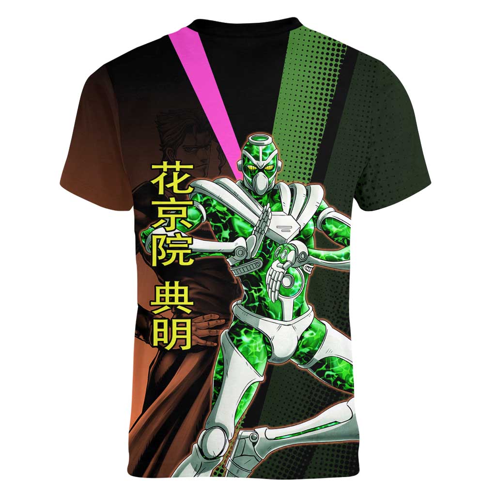 Noriaki Kakyoin JoJo’s Bizarre Adventure Women V-Neck T-Shirt with Hierophant Green Stand - The Mazicc