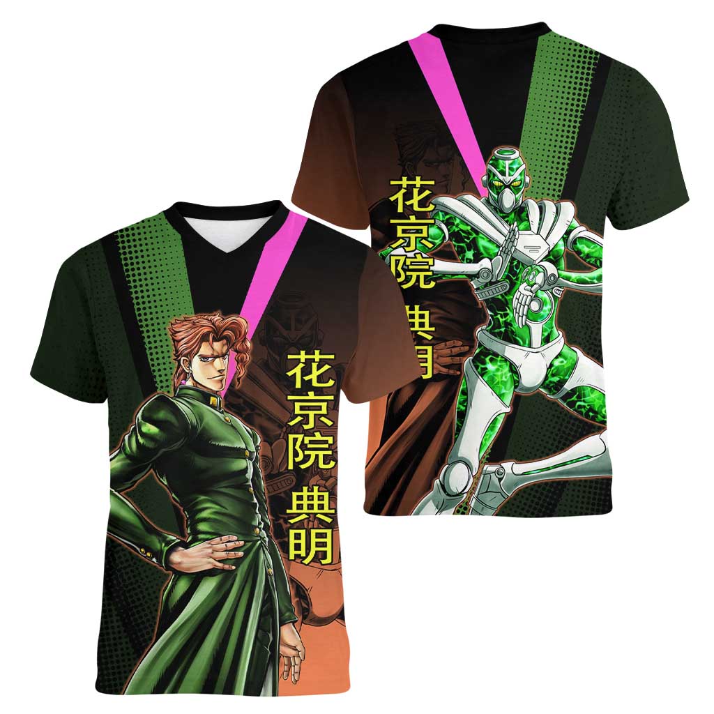 Noriaki Kakyoin JoJo’s Bizarre Adventure Women V-Neck T-Shirt with Hierophant Green Stand - The Mazicc