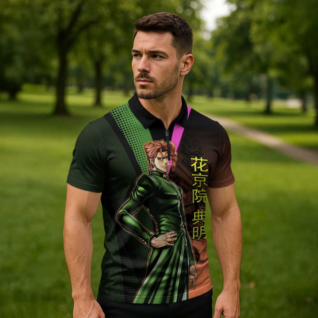 Noriaki Kakyoin JoJo’s Bizarre Adventure Zipper Polo Shirt with Hierophant Green Stand - The Mazicc