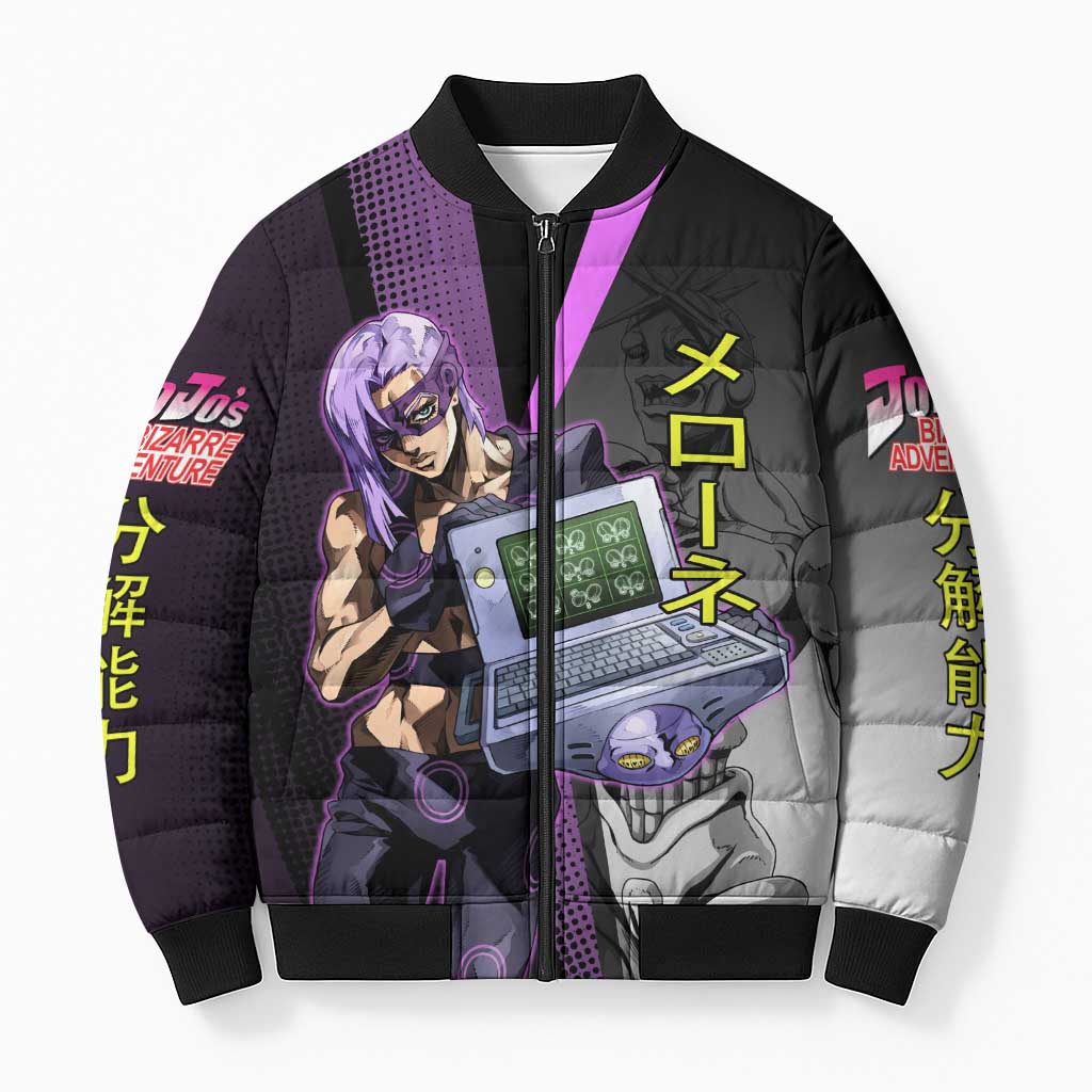 Melone JoJo’s Bizarre Adventure Bomber Puffer Jacket with Laptop-Featured Stand Display - The Mazicc
