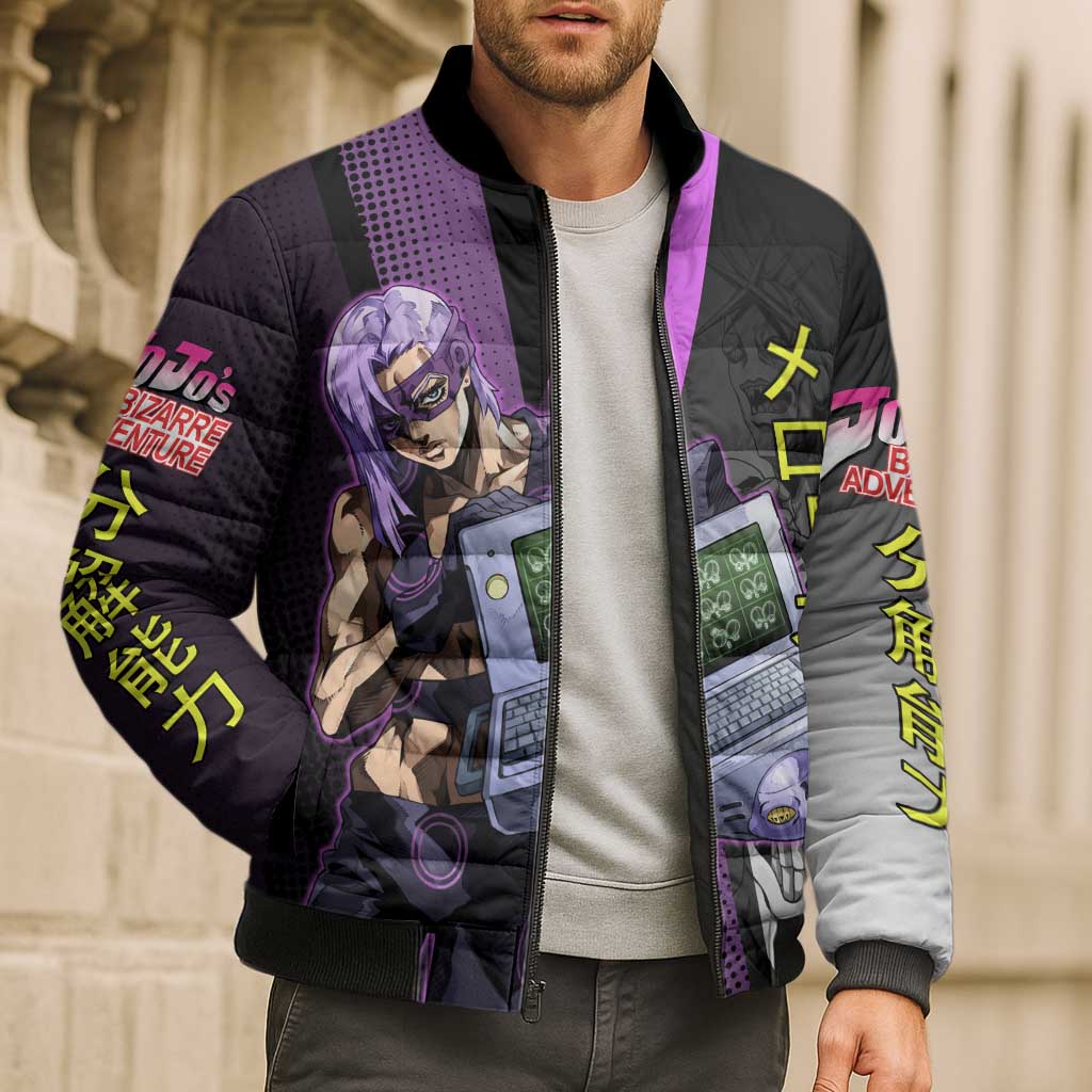 Melone JoJo’s Bizarre Adventure Bomber Puffer Jacket with Laptop-Featured Stand Display - The Mazicc