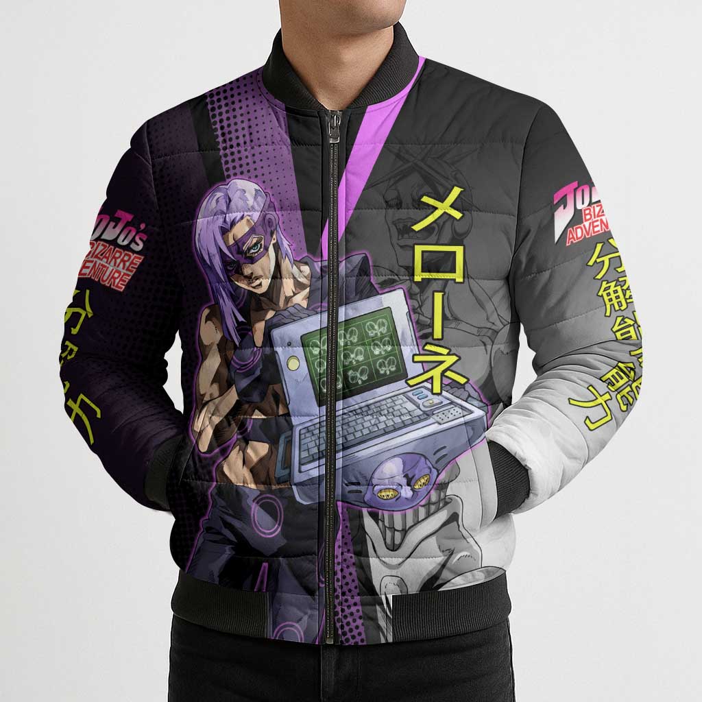 Melone JoJo’s Bizarre Adventure Bomber Puffer Jacket with Laptop-Featured Stand Display - The Mazicc