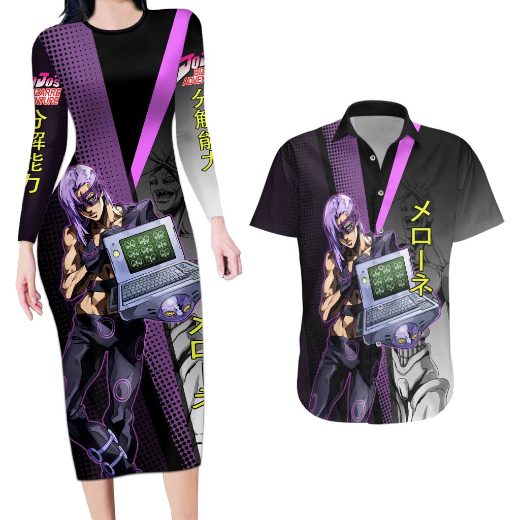 Melone JoJo’s Bizarre Adventure Couples Matching Long Sleeve Bodycon Dress and Hawaiian Shirt with Laptop-Featured Stand Display - The Mazicc
