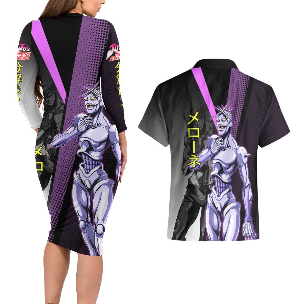 Melone JoJo’s Bizarre Adventure Couples Matching Long Sleeve Bodycon Dress and Hawaiian Shirt with Laptop-Featured Stand Display - The Mazicc