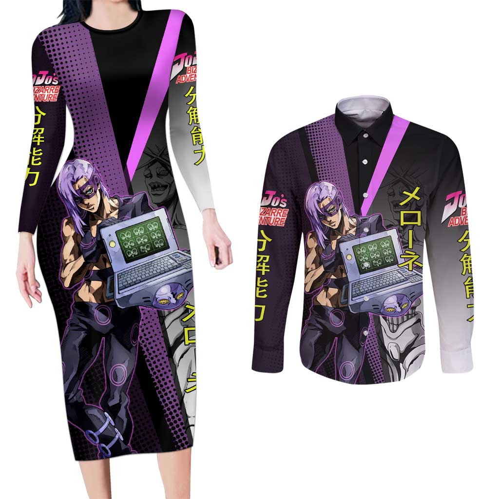 Melone JoJo’s Bizarre Adventure Couples Matching Long Sleeve Bodycon Dress and Long Sleeve Button Shirt with Laptop-Featured Stand Display - The Mazicc