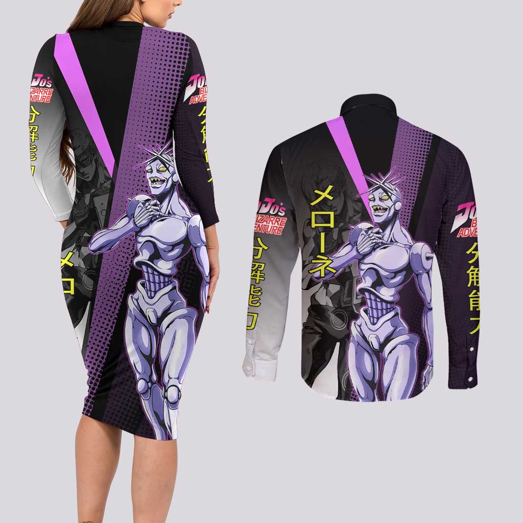 Melone JoJo’s Bizarre Adventure Couples Matching Long Sleeve Bodycon Dress and Long Sleeve Button Shirt with Laptop-Featured Stand Display - The Mazicc