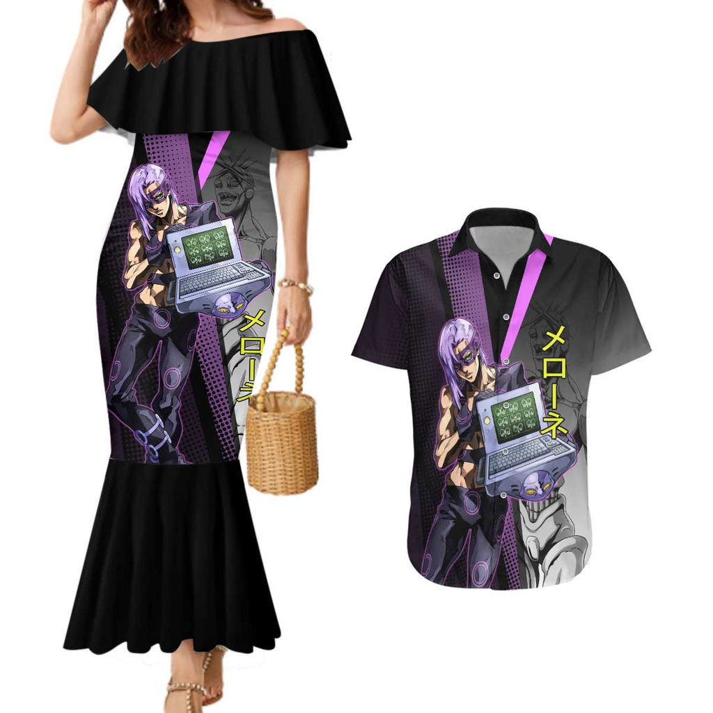 Melone JoJo’s Bizarre Adventure Couples Matching Mermaid Dress and Hawaiian Shirt with Laptop-Featured Stand Display - The Mazicc