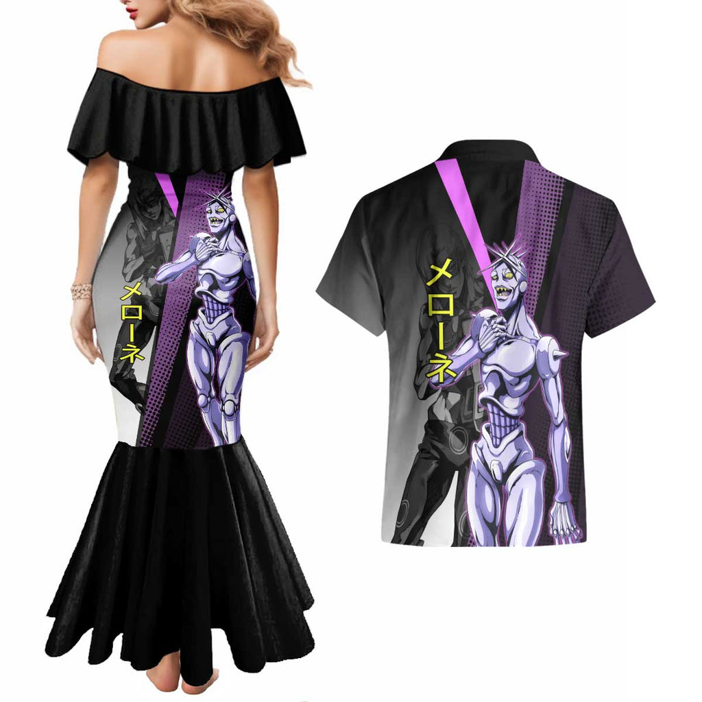 Melone JoJo’s Bizarre Adventure Couples Matching Mermaid Dress and Hawaiian Shirt with Laptop-Featured Stand Display - The Mazicc