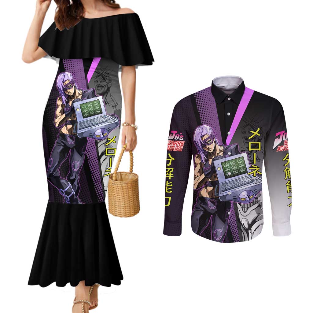 Melone JoJo’s Bizarre Adventure Couples Matching Mermaid Dress and Long Sleeve Button Shirt with Laptop-Featured Stand Display - The Mazicc