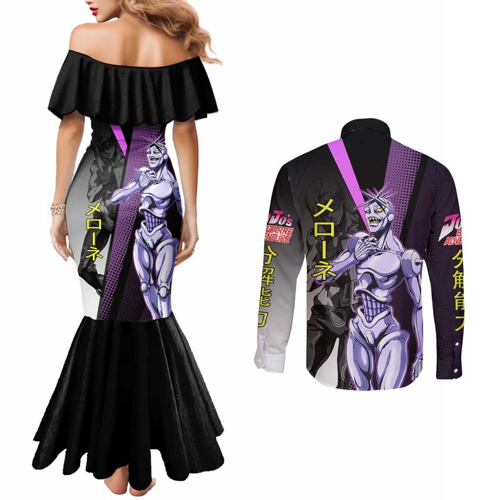 Melone JoJo’s Bizarre Adventure Couples Matching Mermaid Dress and Long Sleeve Button Shirt with Laptop-Featured Stand Display - The Mazicc
