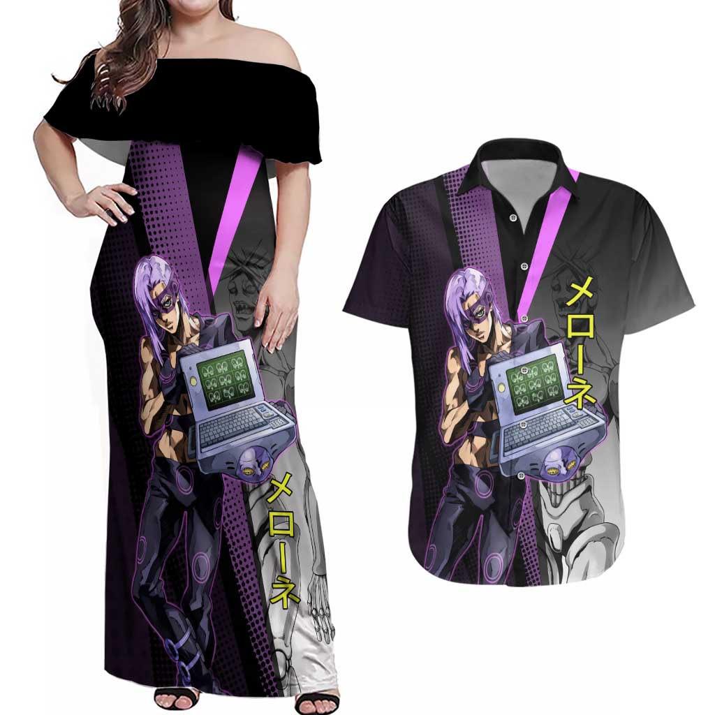 Melone JoJo’s Bizarre Adventure Couples Matching Off Shoulder Maxi Dress and Hawaiian Shirt with Laptop-Featured Stand Display - The Mazicc