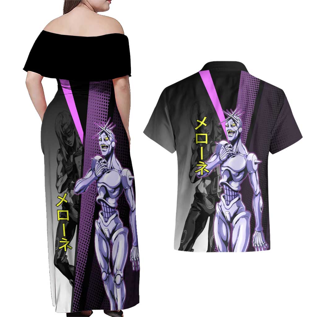 Melone JoJo’s Bizarre Adventure Couples Matching Off Shoulder Maxi Dress and Hawaiian Shirt with Laptop-Featured Stand Display - The Mazicc