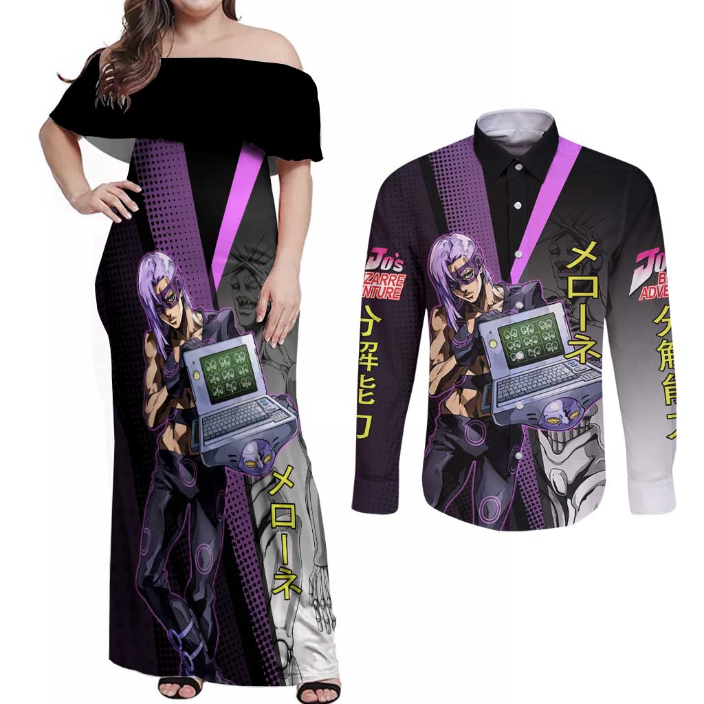 Melone JoJo’s Bizarre Adventure Couples Matching Off Shoulder Maxi Dress and Long Sleeve Button Shirt with Laptop-Featured Stand Display - The Mazicc