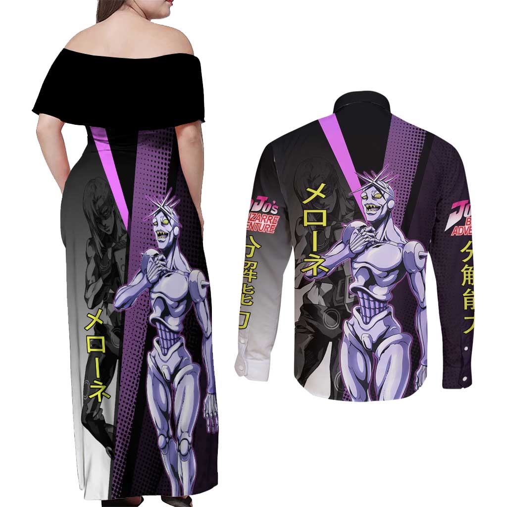 Melone JoJo’s Bizarre Adventure Couples Matching Off Shoulder Maxi Dress and Long Sleeve Button Shirt with Laptop-Featured Stand Display - The Mazicc