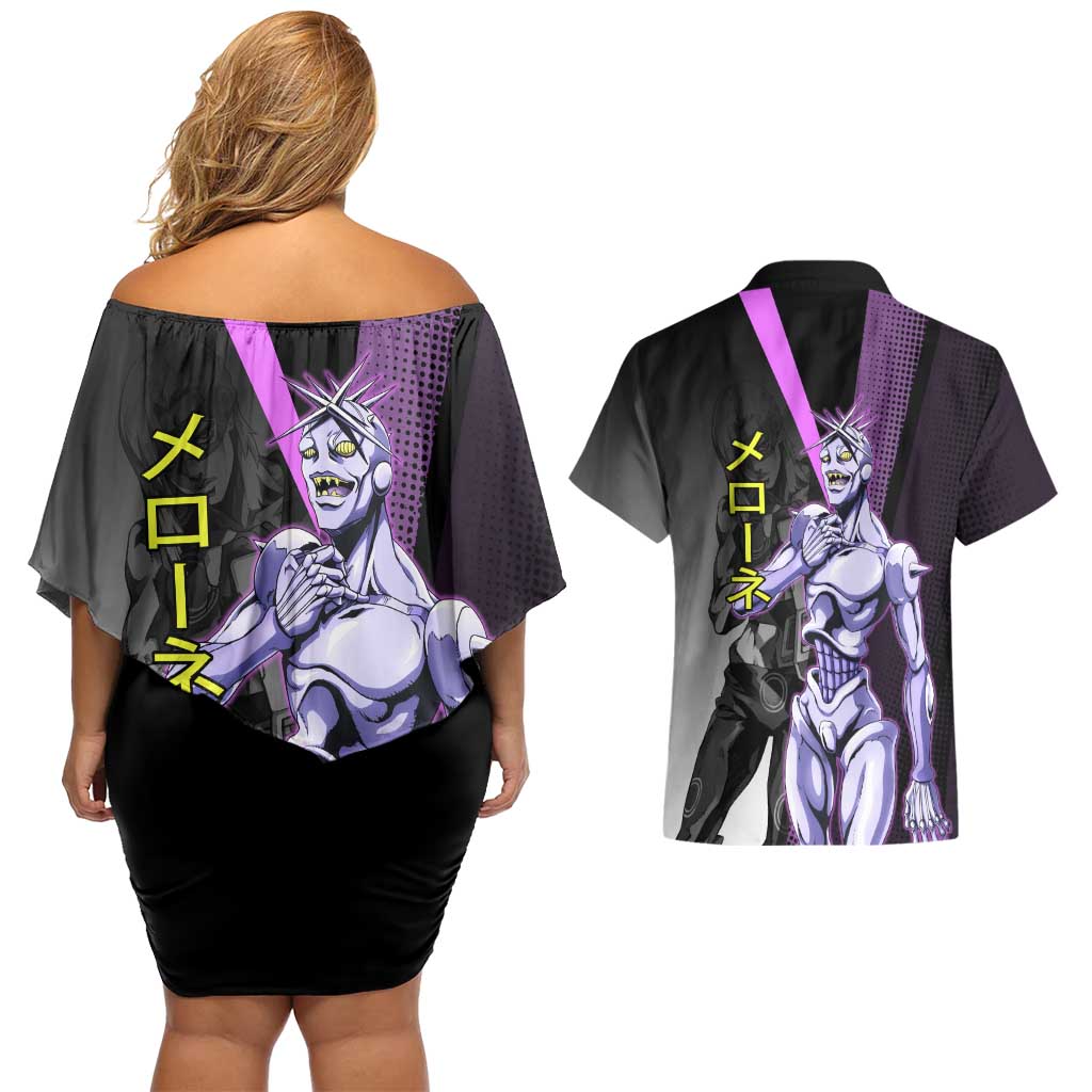 Melone JoJo’s Bizarre Adventure Couples Matching Off Shoulder Short Dress and Hawaiian Shirt with Laptop-Featured Stand Display - The Mazicc
