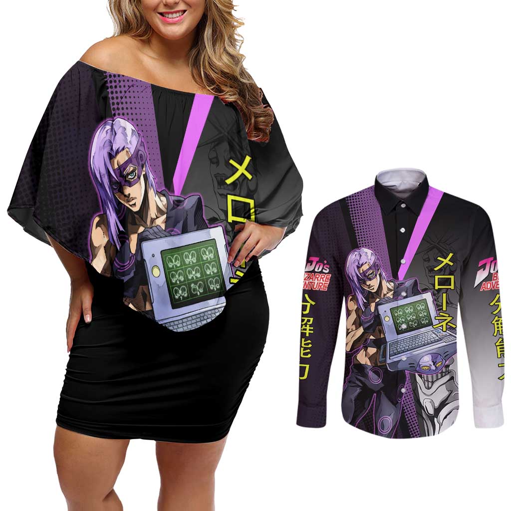 Melone JoJo’s Bizarre Adventure Couples Matching Off Shoulder Short Dress and Long Sleeve Button Shirt with Laptop-Featured Stand Display - The Mazicc