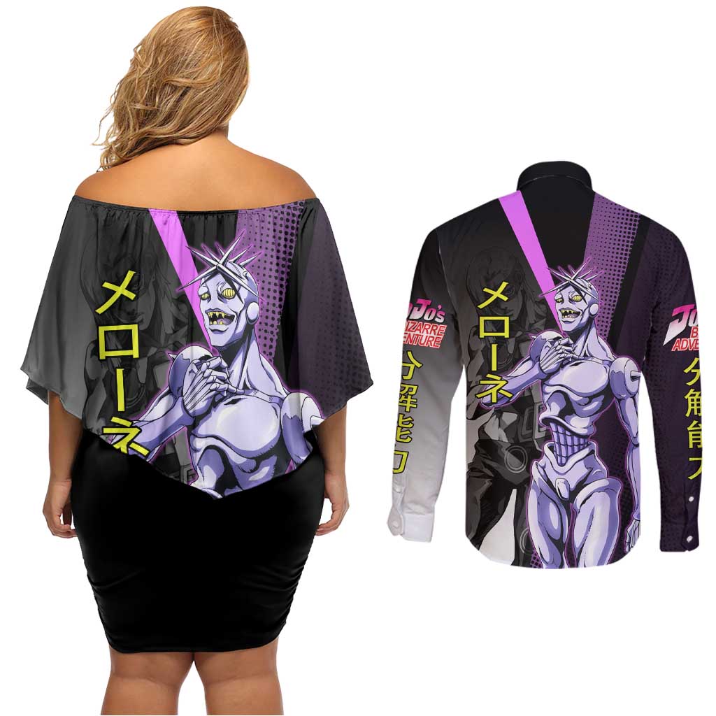 Melone JoJo’s Bizarre Adventure Couples Matching Off Shoulder Short Dress and Long Sleeve Button Shirt with Laptop-Featured Stand Display - The Mazicc
