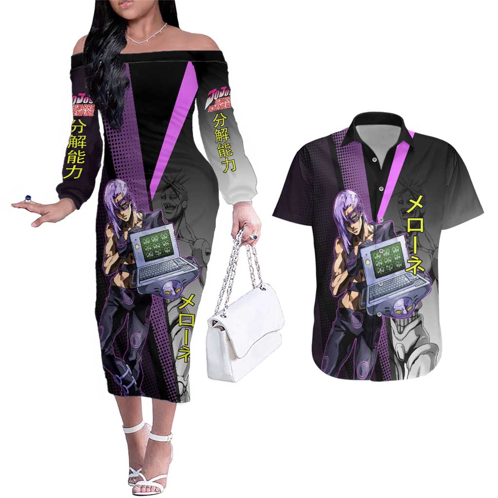 Melone JoJo’s Bizarre Adventure Couples Matching Off The Shoulder Long Sleeve Dress and Hawaiian Shirt with Laptop-Featured Stand Display - The Mazicc