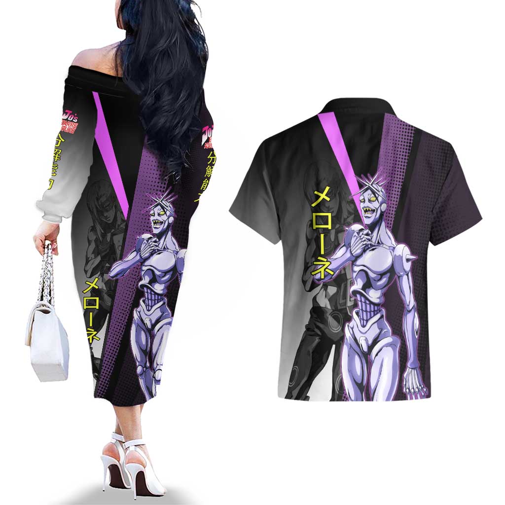 Melone JoJo’s Bizarre Adventure Couples Matching Off The Shoulder Long Sleeve Dress and Hawaiian Shirt with Laptop-Featured Stand Display - The Mazicc
