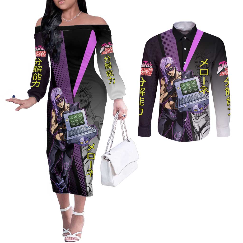 Melone JoJo’s Bizarre Adventure Couples Matching Off The Shoulder Long Sleeve Dress and Long Sleeve Button Shirt with Laptop-Featured Stand Display - The Mazicc