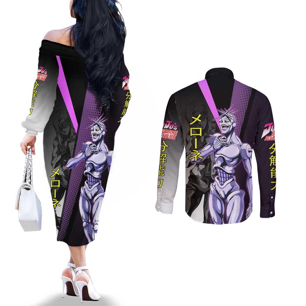 Melone JoJo’s Bizarre Adventure Couples Matching Off The Shoulder Long Sleeve Dress and Long Sleeve Button Shirt with Laptop-Featured Stand Display - The Mazicc