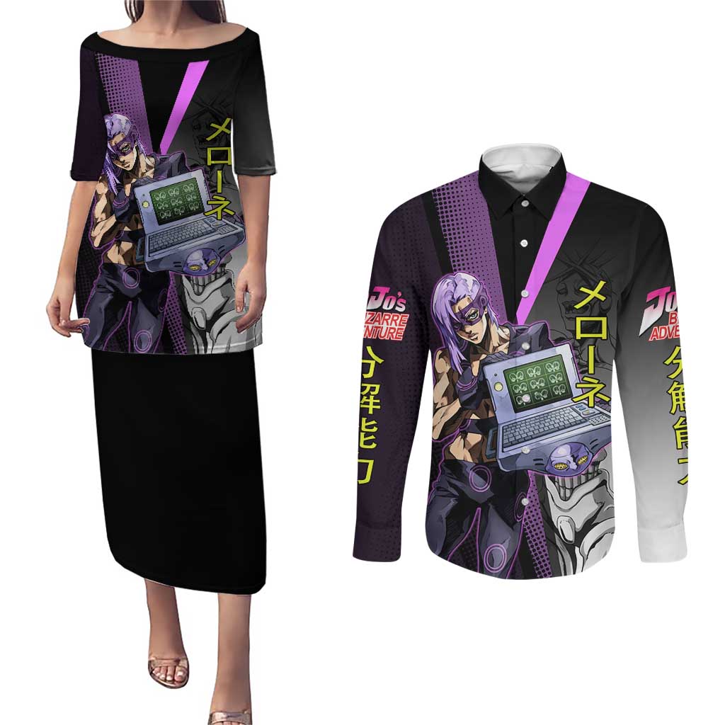 Melone JoJo’s Bizarre Adventure Couples Matching Puletasi and Long Sleeve Button Shirt with Laptop-Featured Stand Display - The Mazicc