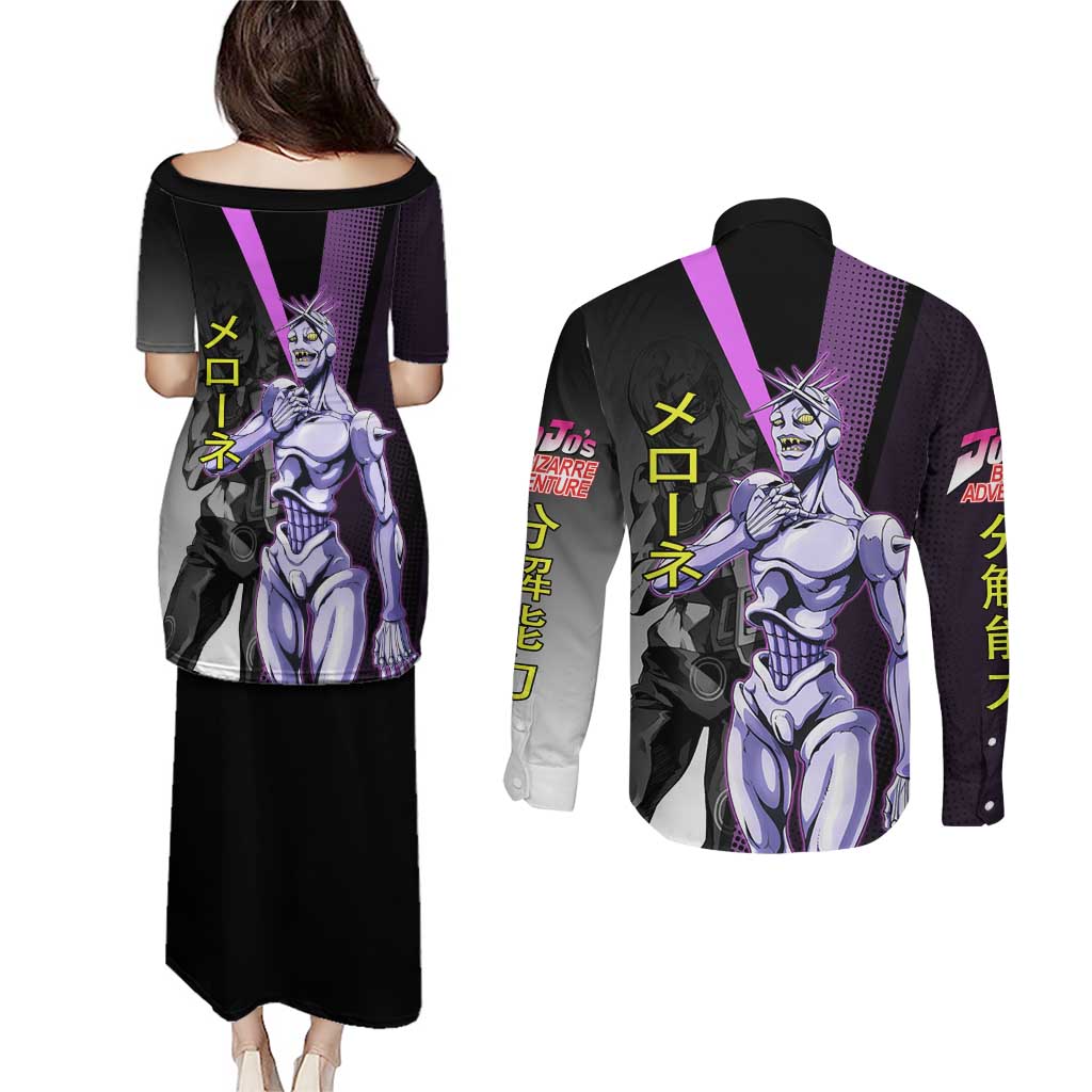 Melone JoJo’s Bizarre Adventure Couples Matching Puletasi and Long Sleeve Button Shirt with Laptop-Featured Stand Display - The Mazicc