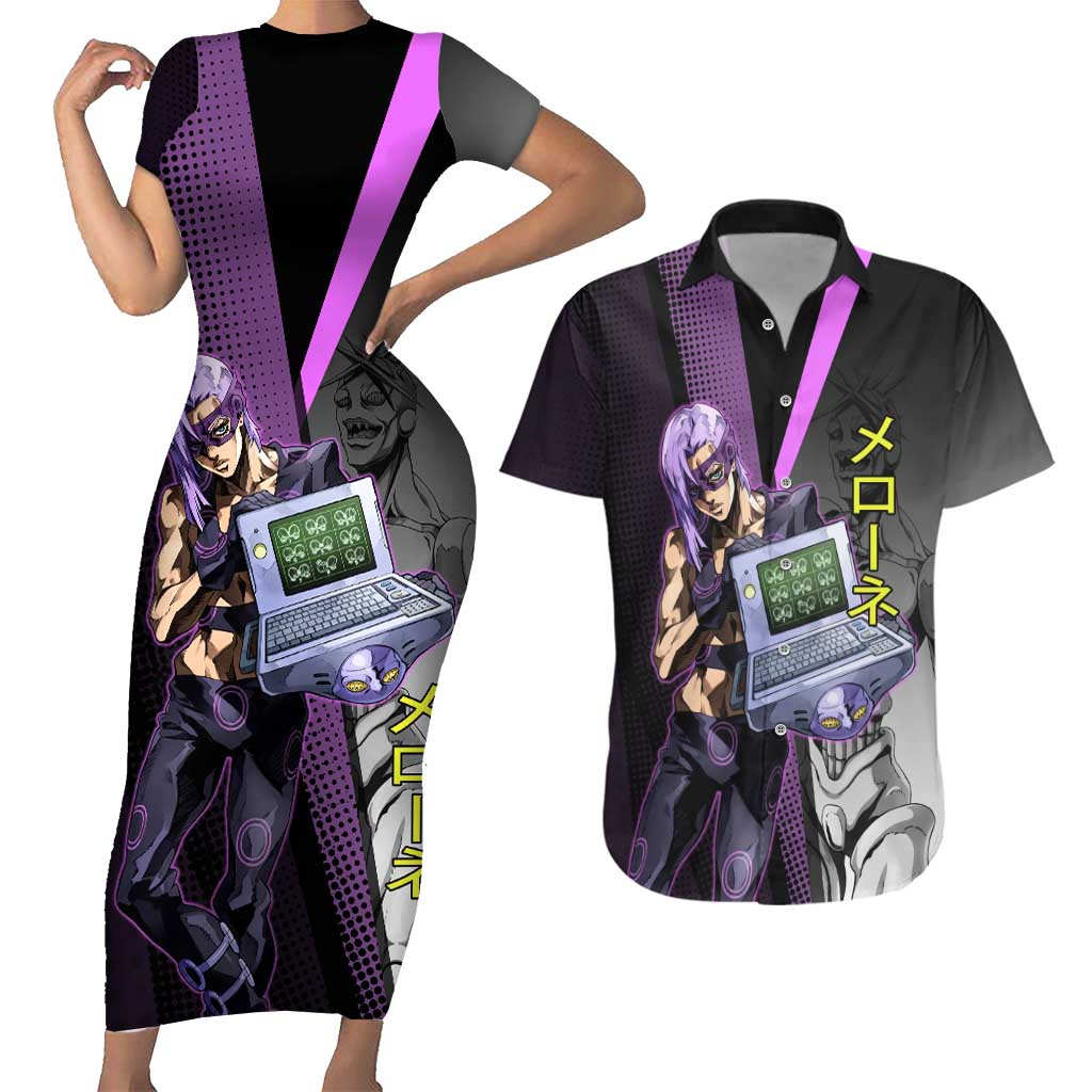 Melone JoJo’s Bizarre Adventure Couples Matching Short Sleeve Bodycon Dress and Hawaiian Shirt with Laptop-Featured Stand Display - The Mazicc