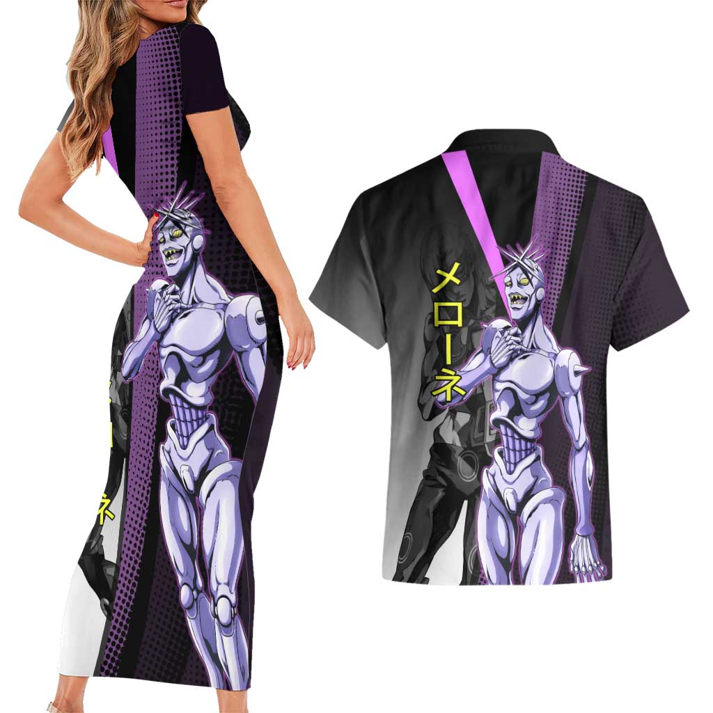 Melone JoJo’s Bizarre Adventure Couples Matching Short Sleeve Bodycon Dress and Hawaiian Shirt with Laptop-Featured Stand Display - The Mazicc