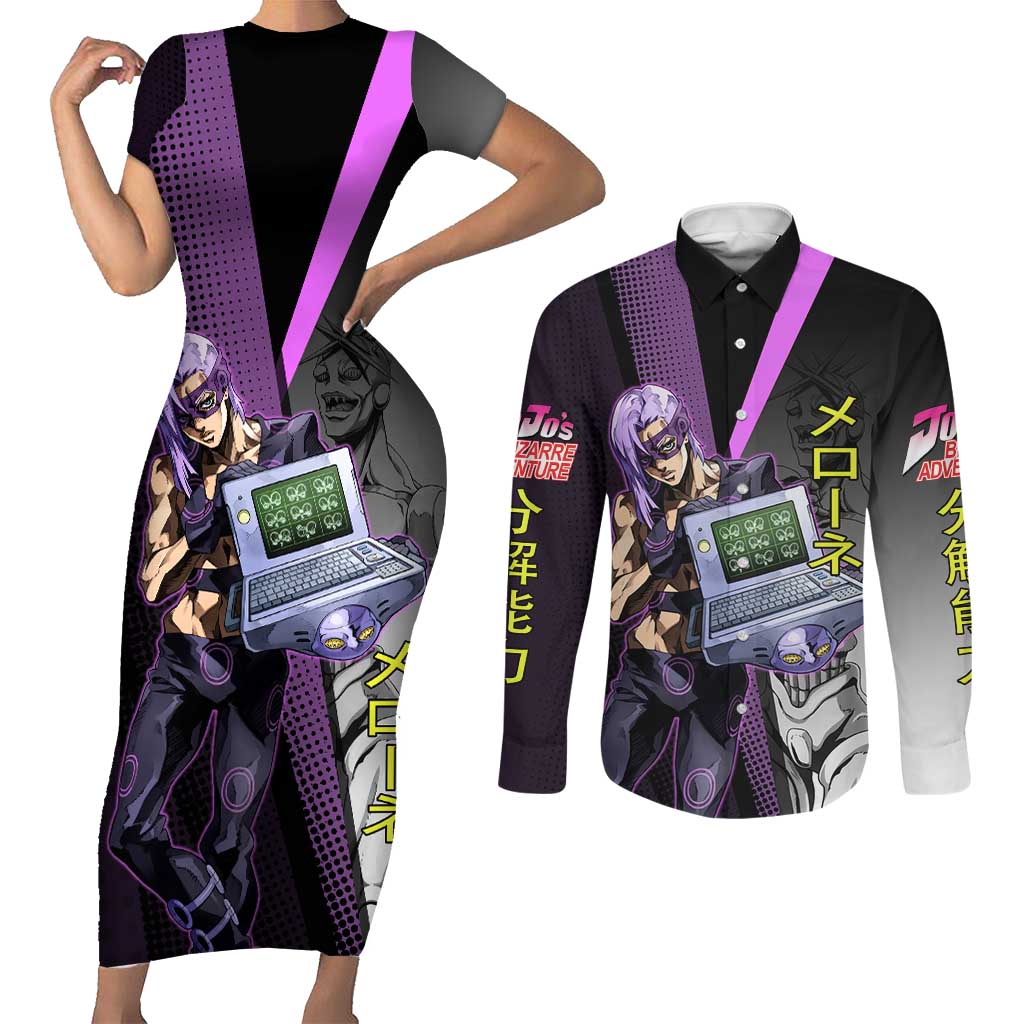 Melone JoJo’s Bizarre Adventure Couples Matching Short Sleeve Bodycon Dress and Long Sleeve Button Shirt with Laptop-Featured Stand Display - The Mazicc