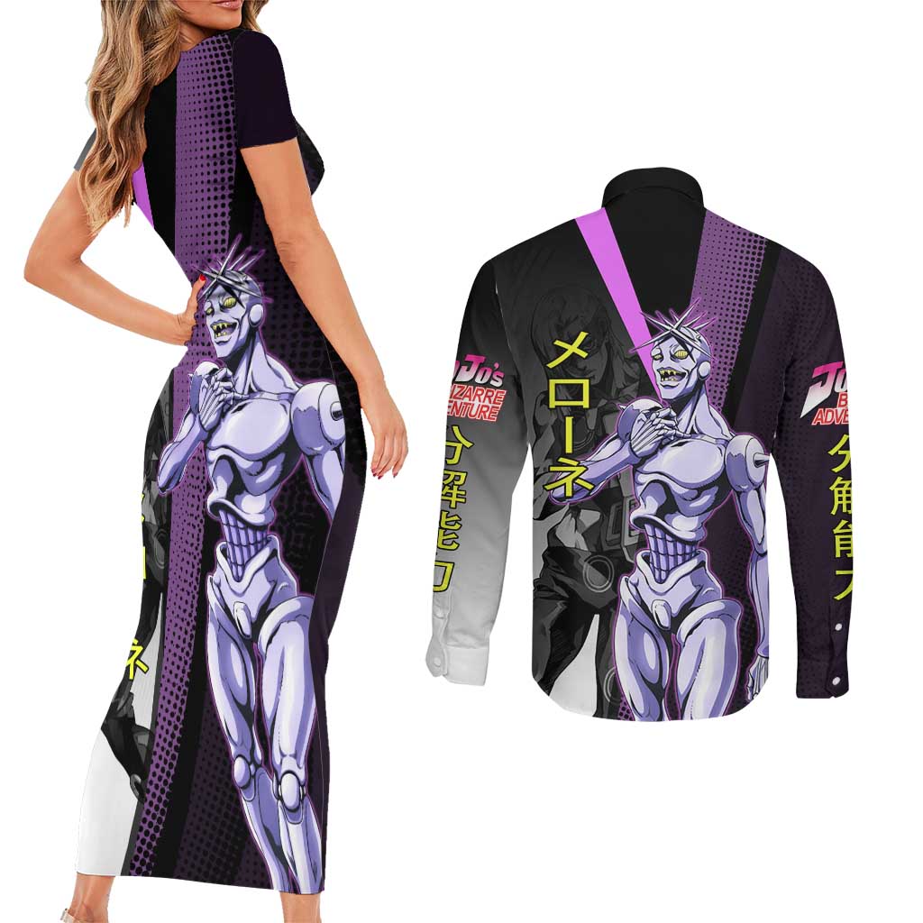 Melone JoJo’s Bizarre Adventure Couples Matching Short Sleeve Bodycon Dress and Long Sleeve Button Shirt with Laptop-Featured Stand Display - The Mazicc