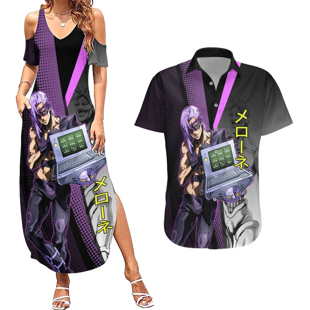 Melone JoJo’s Bizarre Adventure Couples Matching Summer Maxi Dress and Hawaiian Shirt with Laptop-Featured Stand Display - The Mazicc