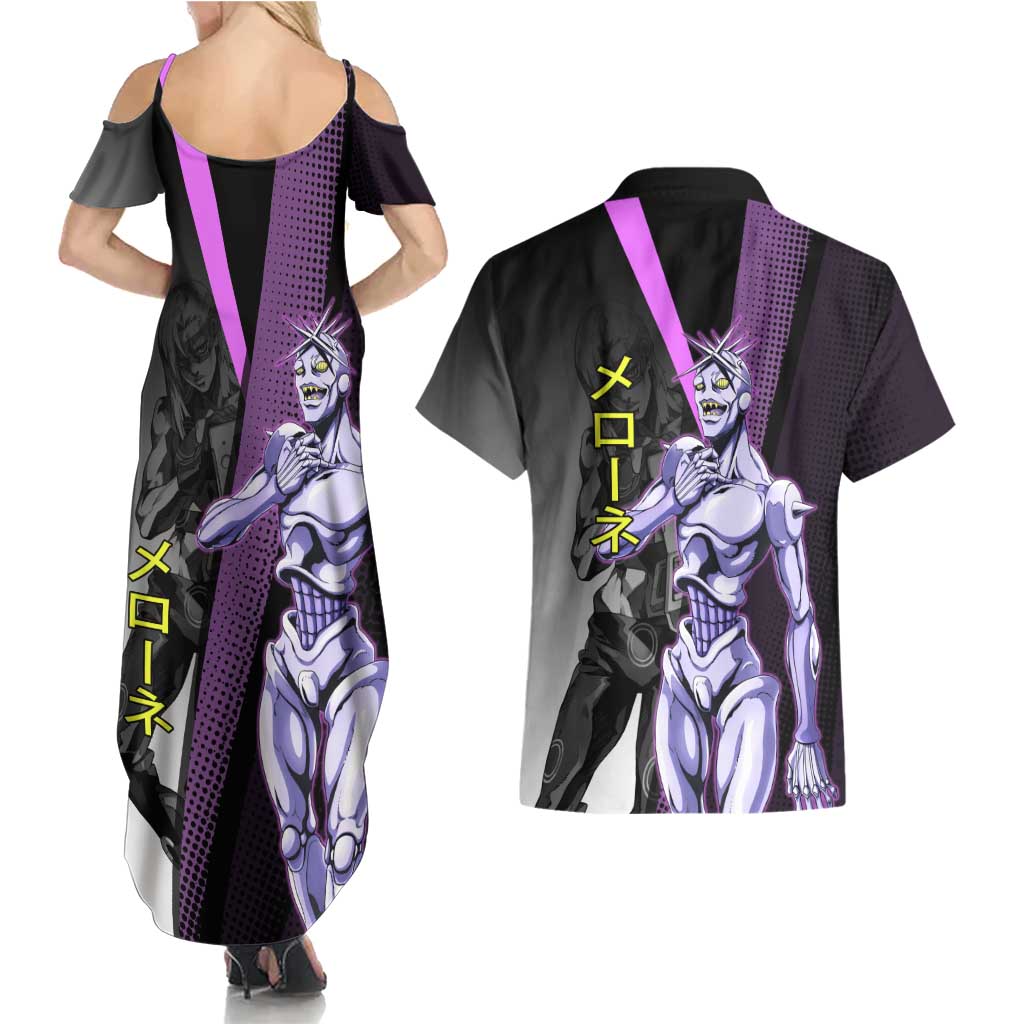 Melone JoJo’s Bizarre Adventure Couples Matching Summer Maxi Dress and Hawaiian Shirt with Laptop-Featured Stand Display - The Mazicc