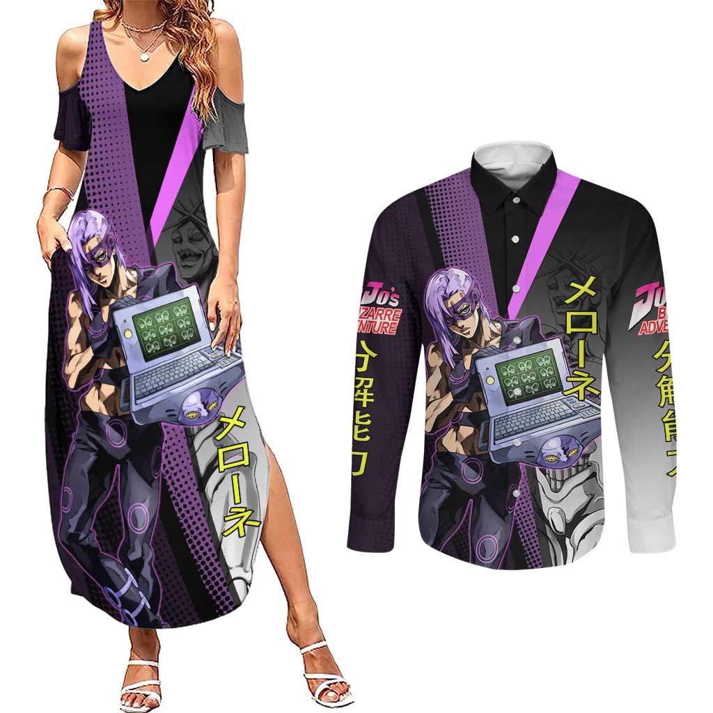Melone JoJo’s Bizarre Adventure Couples Matching Summer Maxi Dress and Long Sleeve Button Shirt with Laptop-Featured Stand Display - The Mazicc