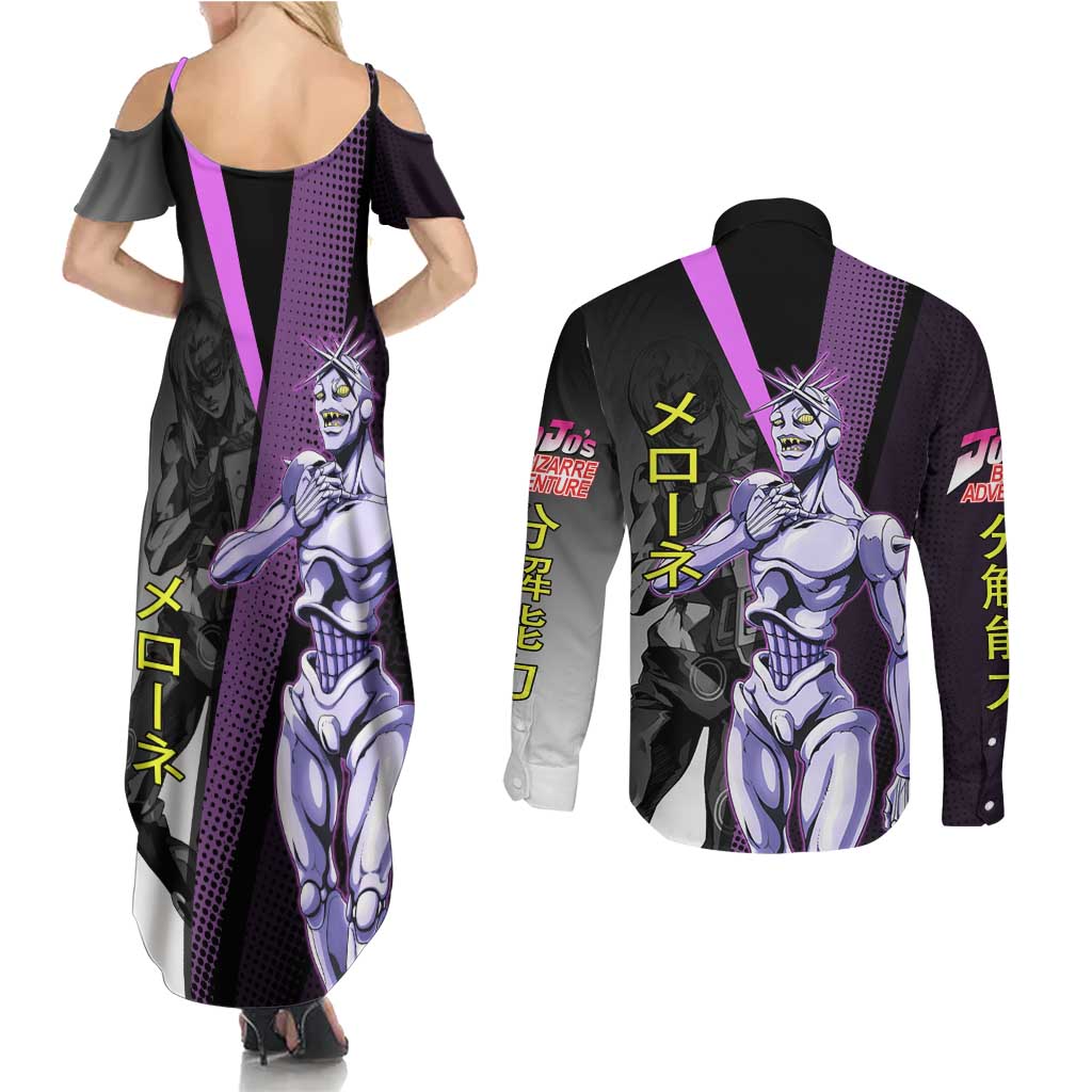 Melone JoJo’s Bizarre Adventure Couples Matching Summer Maxi Dress and Long Sleeve Button Shirt with Laptop-Featured Stand Display - The Mazicc