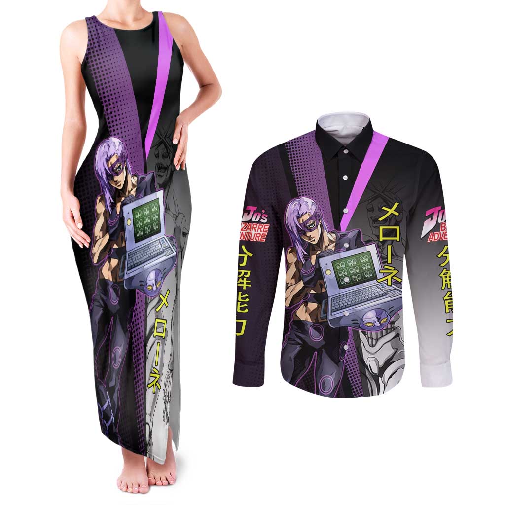 Melone JoJo’s Bizarre Adventure Couples Matching Tank Maxi Dress and Long Sleeve Button Shirt with Laptop-Featured Stand Display - The Mazicc