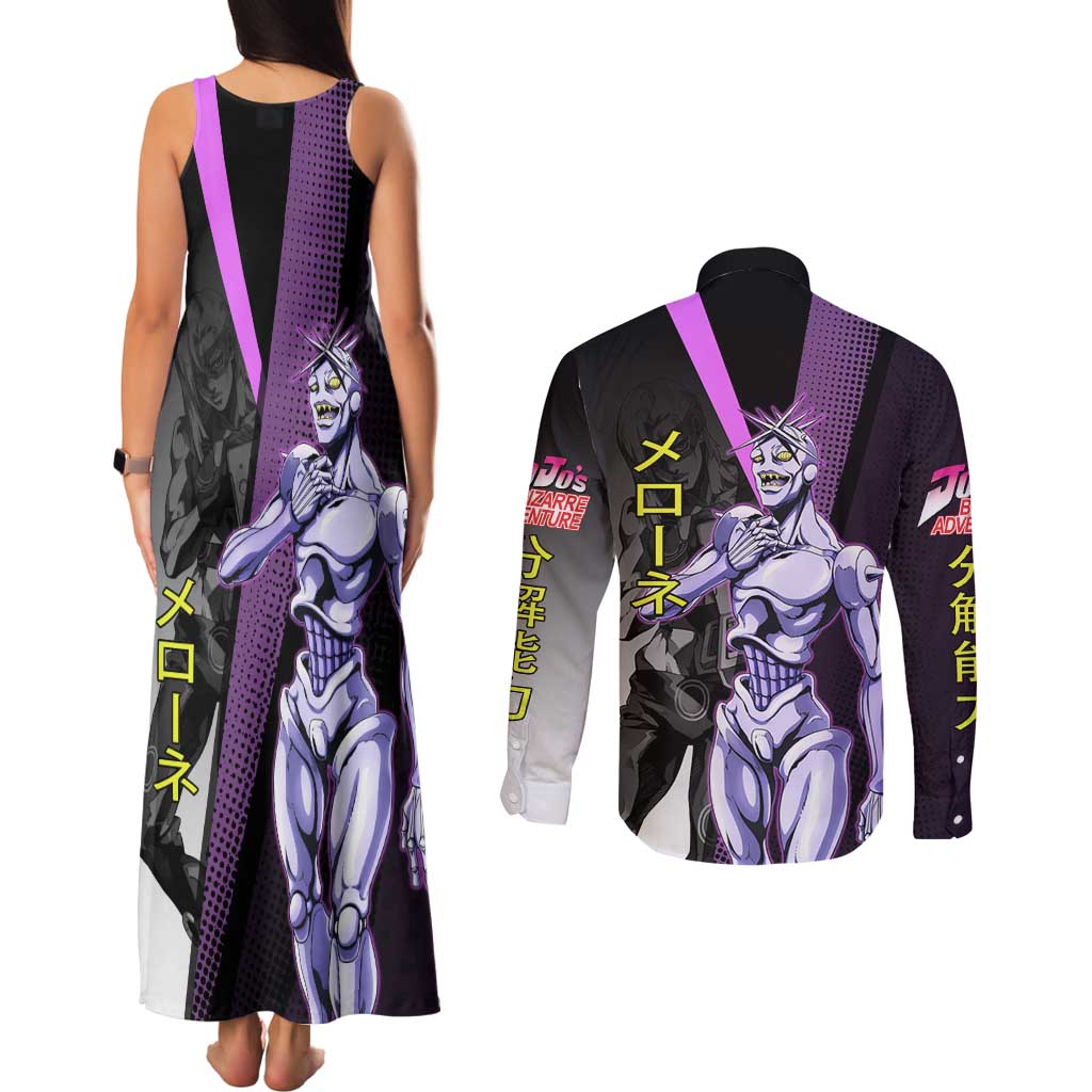 Melone JoJo’s Bizarre Adventure Couples Matching Tank Maxi Dress and Long Sleeve Button Shirt with Laptop-Featured Stand Display - The Mazicc