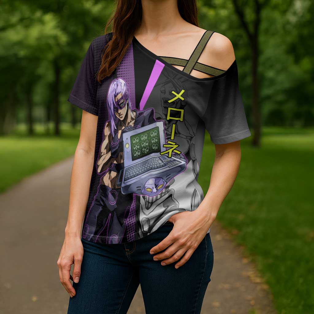 Melone JoJo’s Bizarre Adventure Cross Shoulder Shirt with Laptop-Featured Stand Display - The Mazicc