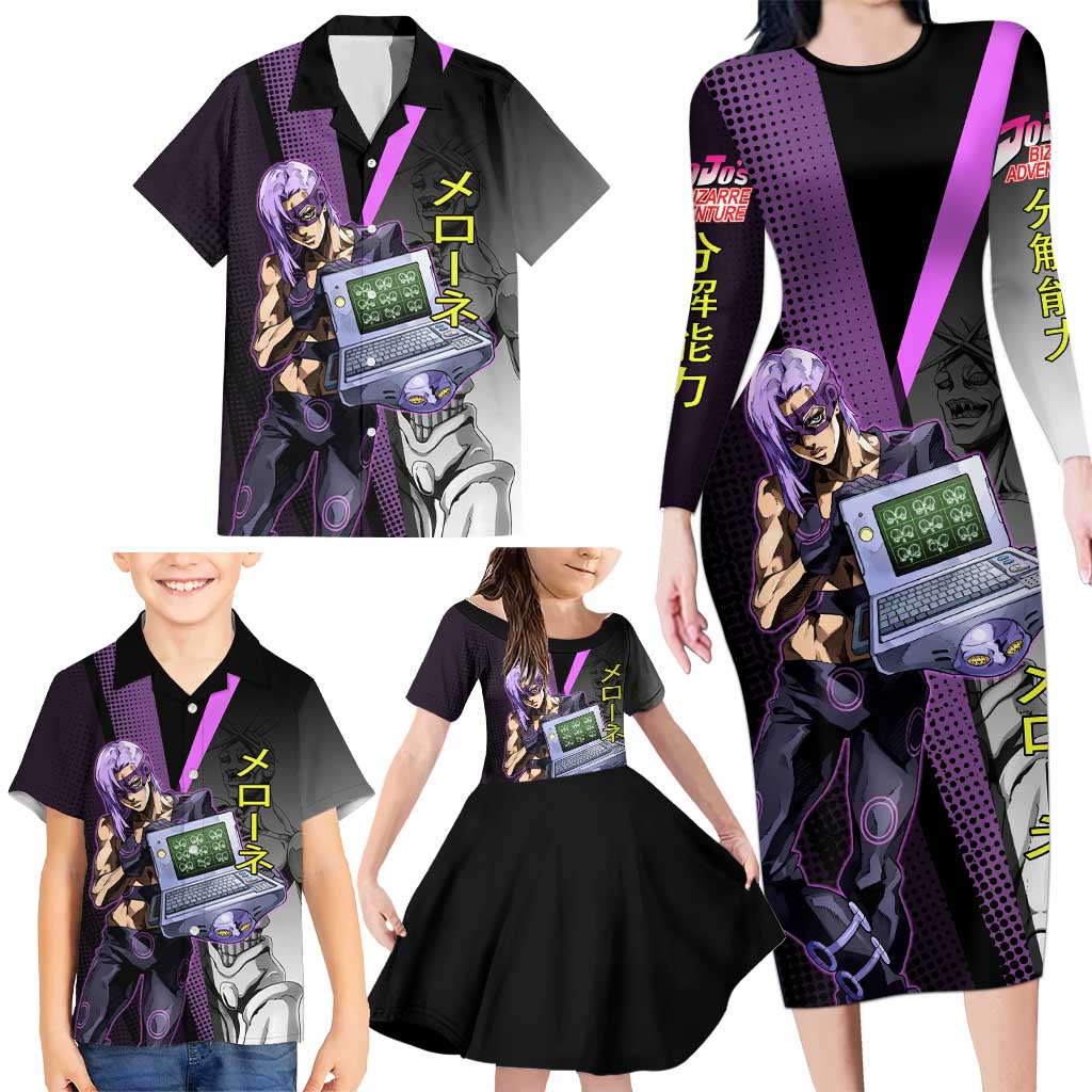 Melone JoJo’s Bizarre Adventure Family Matching Long Sleeve Bodycon Dress and Hawaiian Shirt with Laptop-Featured Stand Display