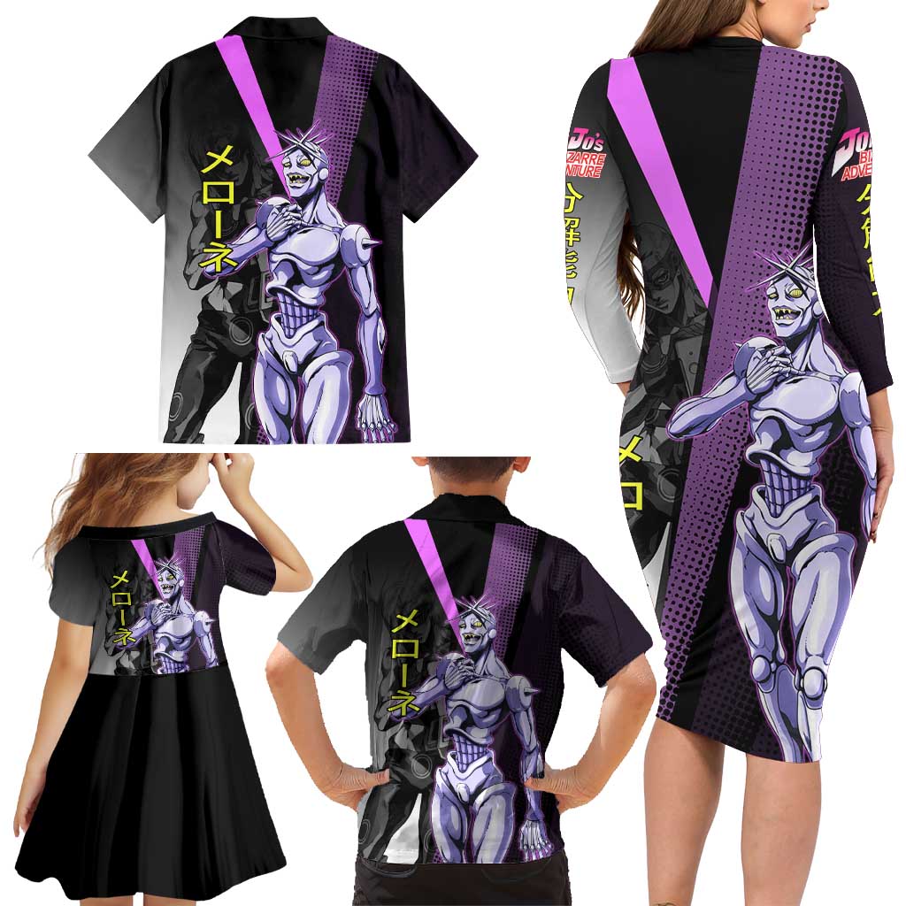Melone JoJo’s Bizarre Adventure Family Matching Long Sleeve Bodycon Dress and Hawaiian Shirt with Laptop-Featured Stand Display
