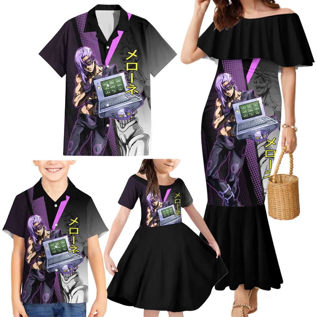 Melone JoJo’s Bizarre Adventure Family Matching Mermaid Dress and Hawaiian Shirt with Laptop-Featured Stand Display